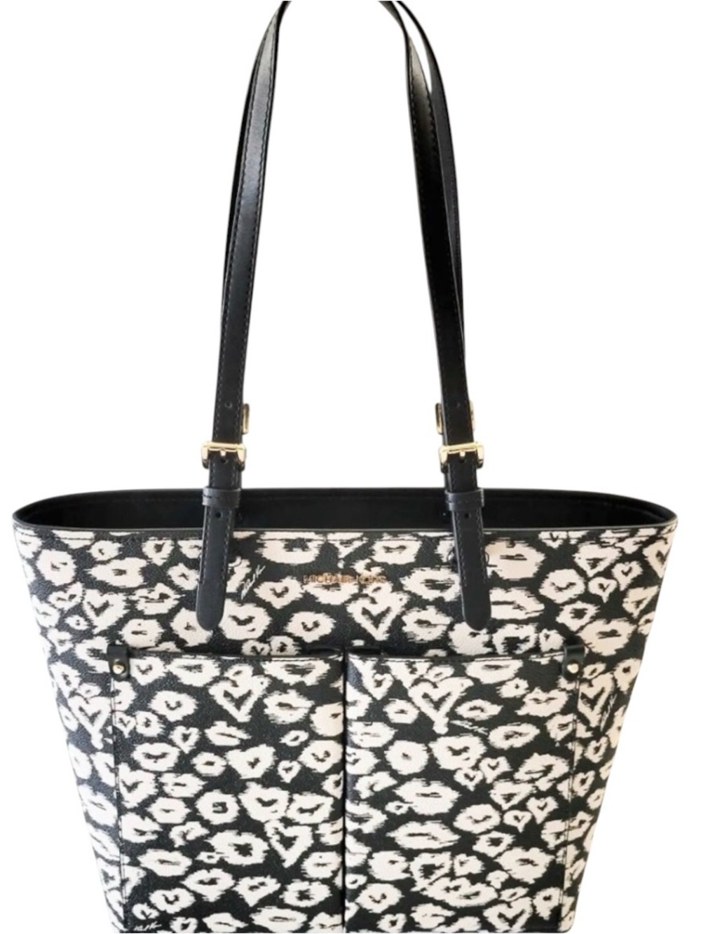 Michael Kors Black and White Leopard-Print Heart Tote with WALLET